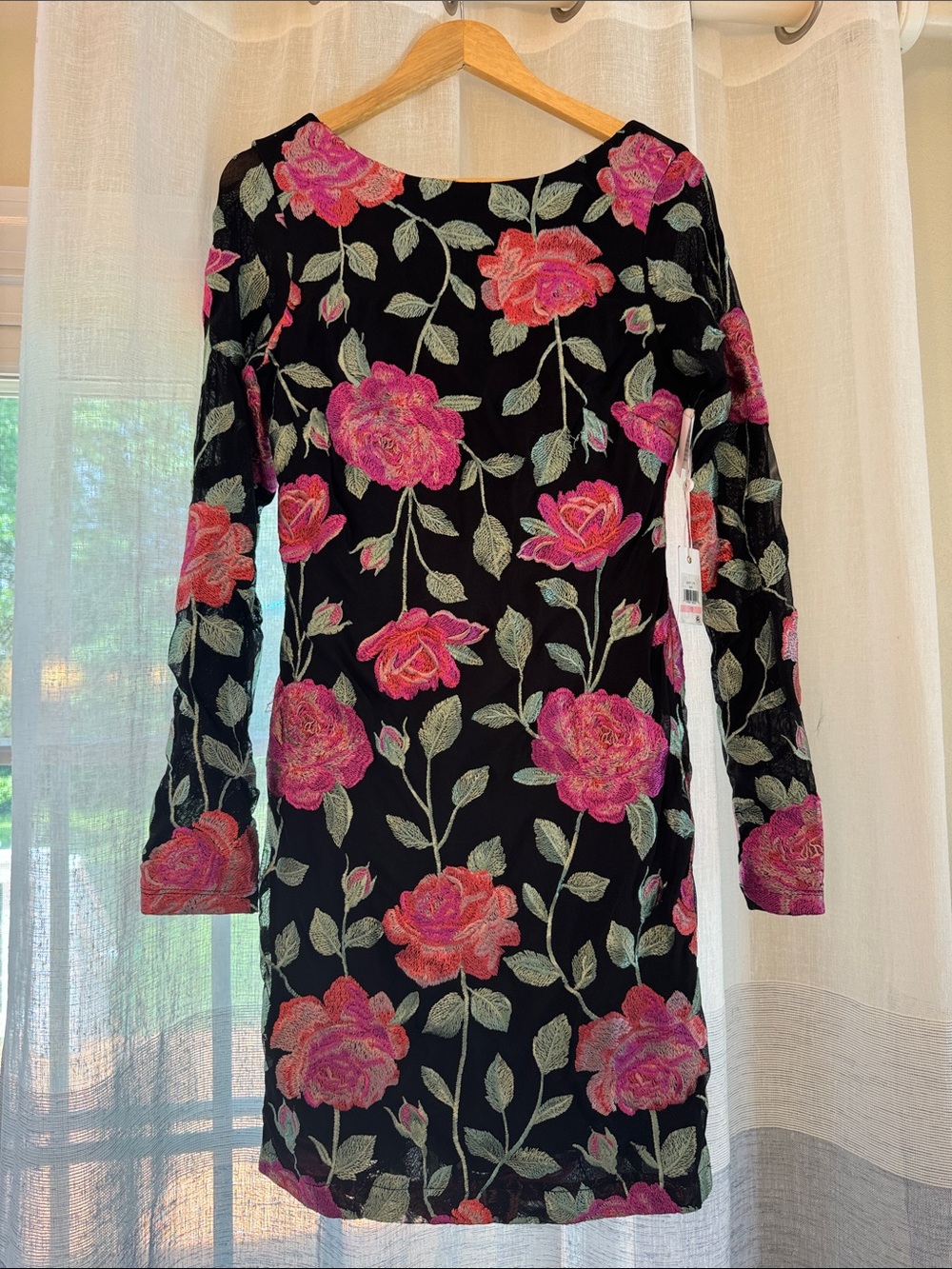 Black Floral Long-Sleeve Dress with Pink Rose Embroidery